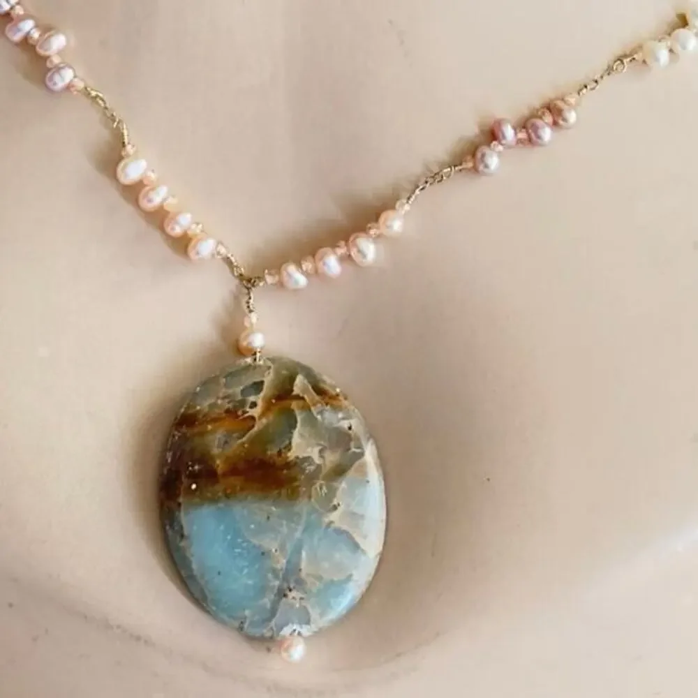 26” Fresh Water Pearls Copper Wire Ocean Jasper Necklace Estate Find Pink Gray